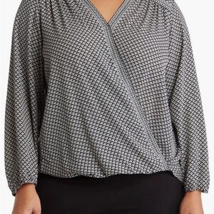 Max Studio Black and Ivory Faux Wrap Blouse Long Sleeve
